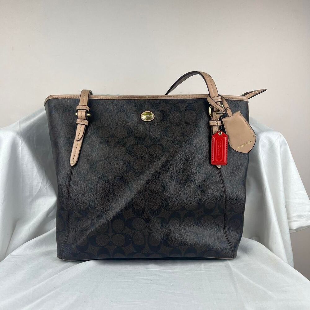 Coach Dark Brown Signature Canvas Shoulder Bag with Tan Trim and Red Tag